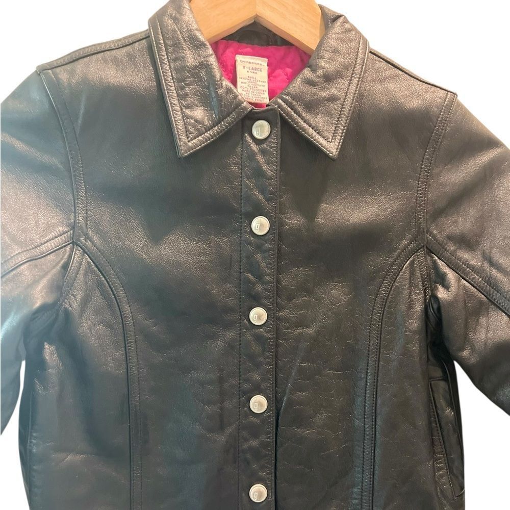Gymboree Genuine Leather Jacket Girls XL 7 Black Moto Style 2001 Rainbow Cuffs - Picture 3 of 7